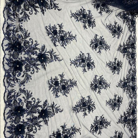 VT-32 3D Beaded Lace Fabric - Burgundy, 54-55" Width (1 Yard)