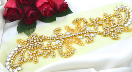Rhinestone Applique Gold Beaded Flower Branch
