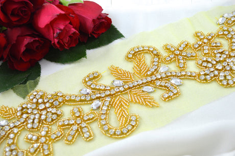 Rhinestone Applique Gold Beaded Flower Branch