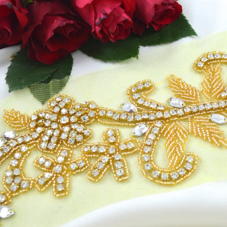 Rhinestone Applique Gold Beaded Flower Branch
