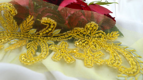 Rhinestone Applique Gold Beaded Flower Branch