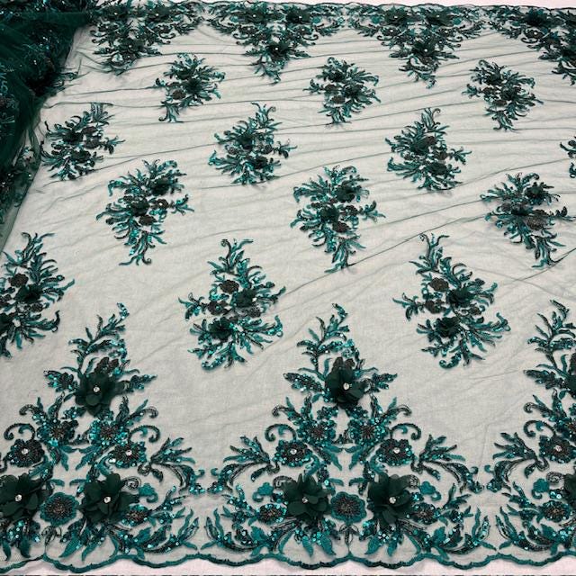 VT-32 3D Beaded Lace Fabric - Burgundy, 54-55" Width (1 Yard)