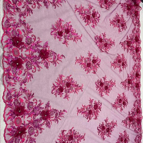 VT-32 3D Beaded Lace Fabric - Burgundy, 54-55" Width (1 Yard)