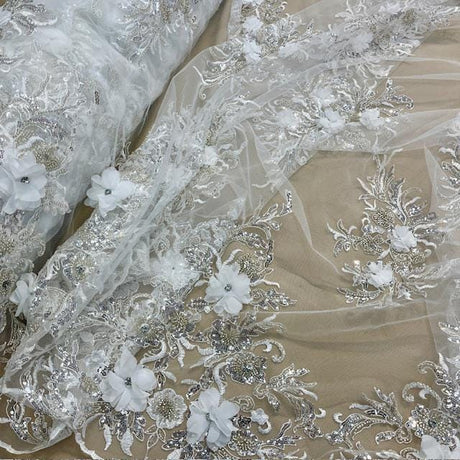 VT-32 3D Beaded Lace Fabric - Burgundy, 54-55" Width (1 Yard)