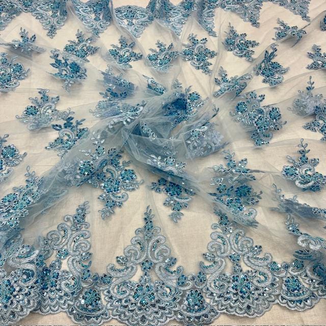 Luxury Beaded Lace Fabric - Embroidered Tulle, Baby Blue, Black, Burgundy, Champagne, Dusty Rose, Gold, Hunter Green, Lilac, Navy Blue, Sage (1 Yard)