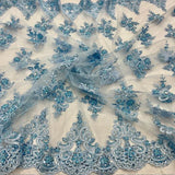 Luxury Beaded Lace Fabric - Embroidered Tulle, Baby Blue, Black, Burgundy, Champagne, Dusty Rose, Gold, Hunter Green, Lilac, Navy Blue, Sage (1 Yard)