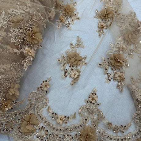 Luxury 3D Floral Beaded Lace Fabric - Embellished Mesh With Pearls, Black, Burgundy, Champagne, Dusty Rose, Hunter Green, Ivory, Lilac, Navy, Sage Mint, Baby Blue
