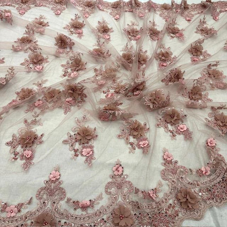 Luxury 3D Floral Beaded Lace Fabric - Embellished Mesh With Pearls, Black, Burgundy, Champagne, Dusty Rose, Hunter Green, Ivory, Lilac, Navy, Sage Mint, Baby Blue