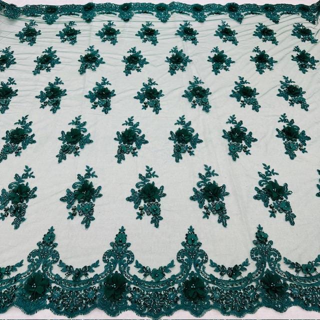 Luxury 3D Floral Beaded Lace Fabric - Embellished Mesh With Pearls, Black, Burgundy, Champagne, Dusty Rose, Hunter Green, Ivory, Lilac, Navy, Sage Mint, Baby Blue