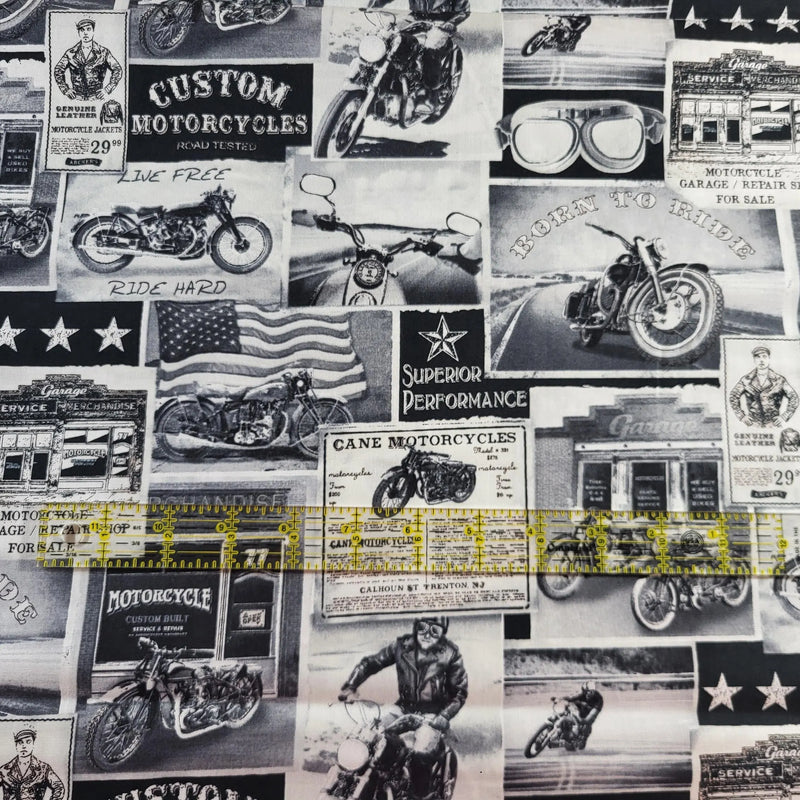 Quilting Cotton Packed Vintage Motorcycle Signs Grey Timeless Treasures