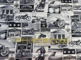 Quilting Cotton Packed Vintage Motorcycle Signs Grey Timeless Treasures