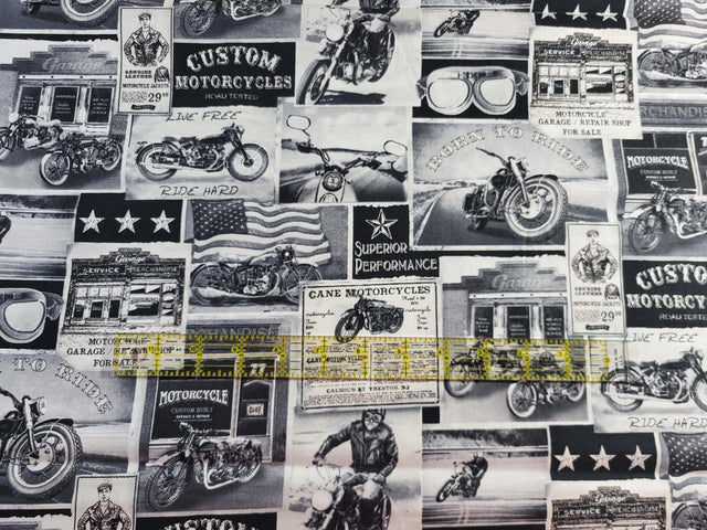 Quilting Cotton Packed Vintage Motorcycle Signs Grey Timeless Treasures