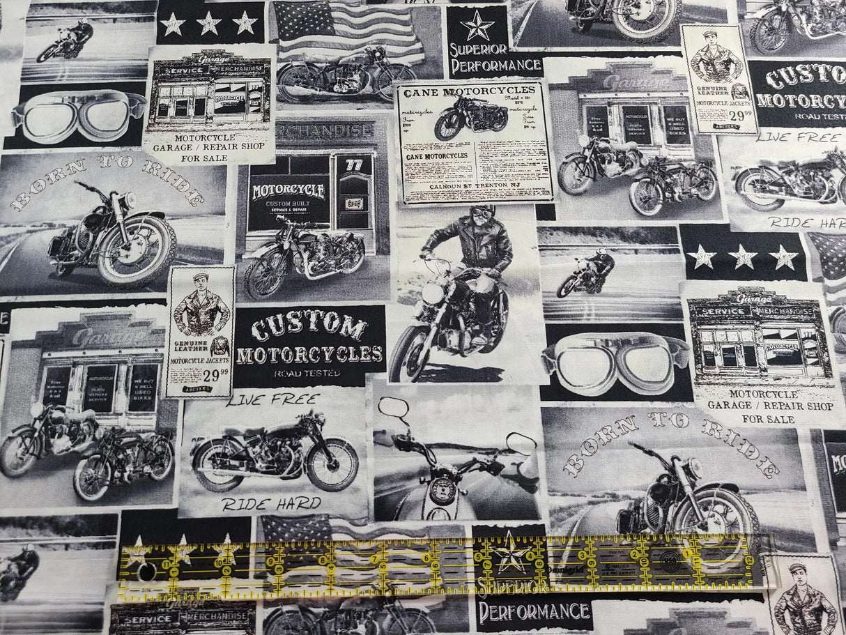 Quilting Cotton Packed Vintage Motorcycle Signs Grey Timeless Treasures
