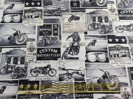 Quilting Cotton Packed Vintage Motorcycle Signs Grey Timeless Treasures