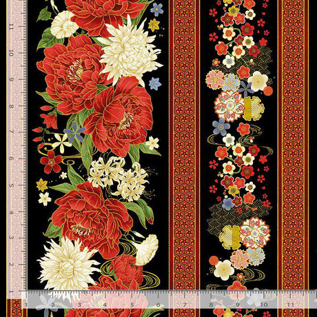 Quilting Cotton Lotus Garden Stripes Black Timeless Treasures