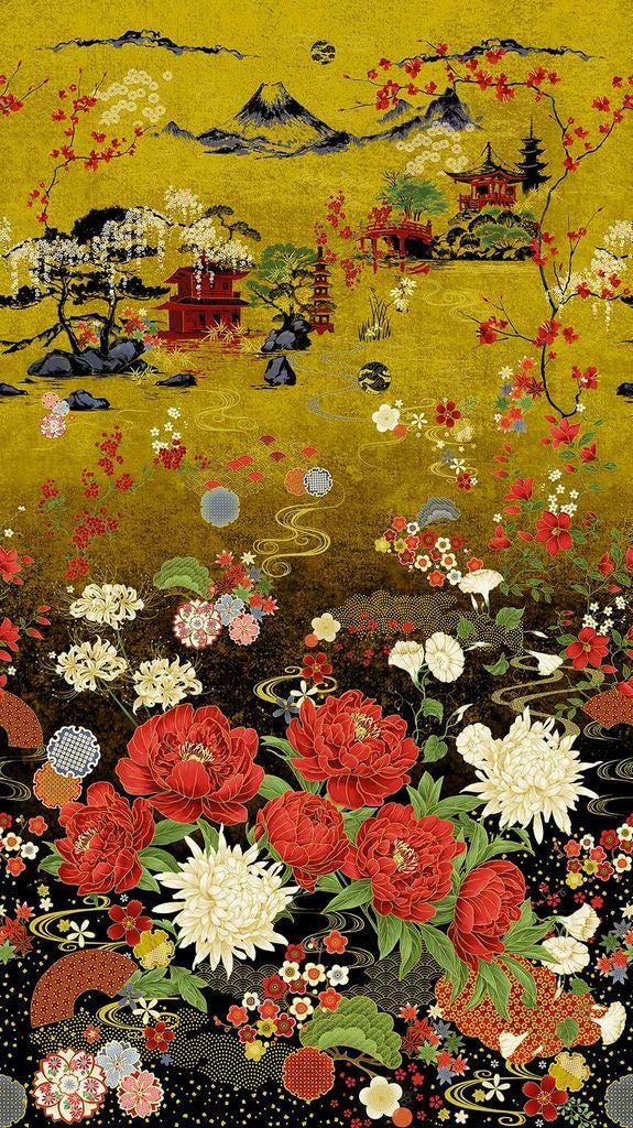 Fabric Panel Lotus Garden Metallic 24" Timeless Treasures