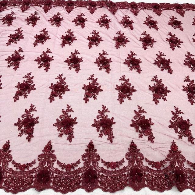 Luxury 3D Floral Beaded Lace Fabric - Embellished Mesh With Pearls, Black, Burgundy, Champagne, Dusty Rose, Hunter Green, Ivory, Lilac, Navy, Sage Mint, Baby Blue