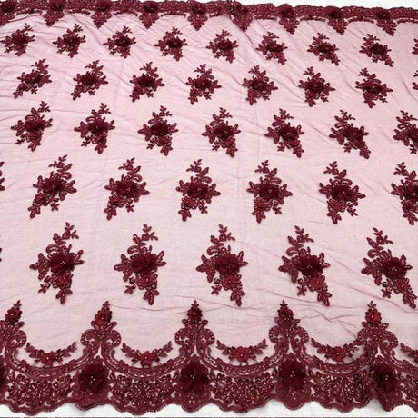 Luxury 3D Floral Beaded Lace Fabric - Embellished Mesh With Pearls, Black, Burgundy, Champagne, Dusty Rose, Hunter Green, Ivory, Lilac, Navy, Sage Mint, Baby Blue
