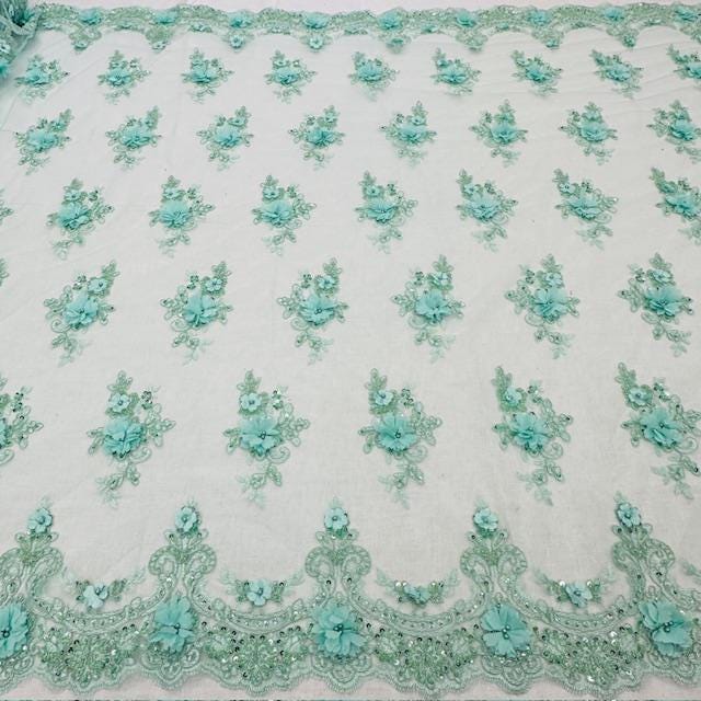 Luxury 3D Floral Beaded Lace Fabric - Embellished Mesh With Pearls, Black, Burgundy, Champagne, Dusty Rose, Hunter Green, Ivory, Lilac, Navy, Sage Mint, Baby Blue