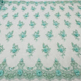 Luxury 3D Floral Beaded Lace Fabric - Embellished Mesh With Pearls, Black, Burgundy, Champagne, Dusty Rose, Hunter Green, Ivory, Lilac, Navy, Sage Mint, Baby Blue