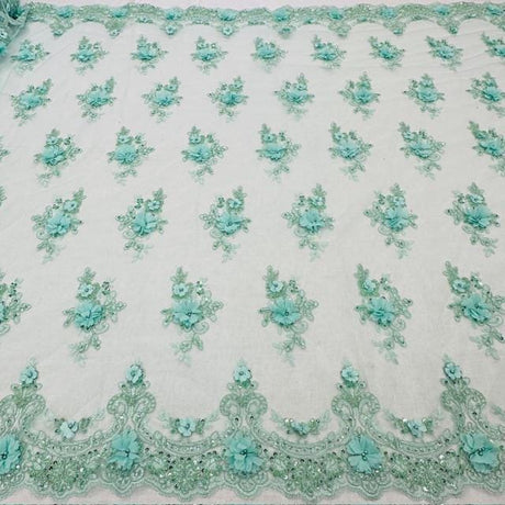 Luxury 3D Floral Beaded Lace Fabric - Embellished Mesh With Pearls, Black, Burgundy, Champagne, Dusty Rose, Hunter Green, Ivory, Lilac, Navy, Sage Mint, Baby Blue