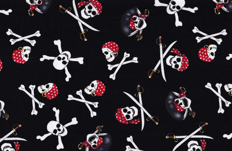 Quilting Cotton Black Pirate Skulls Halloween 100% Cotton