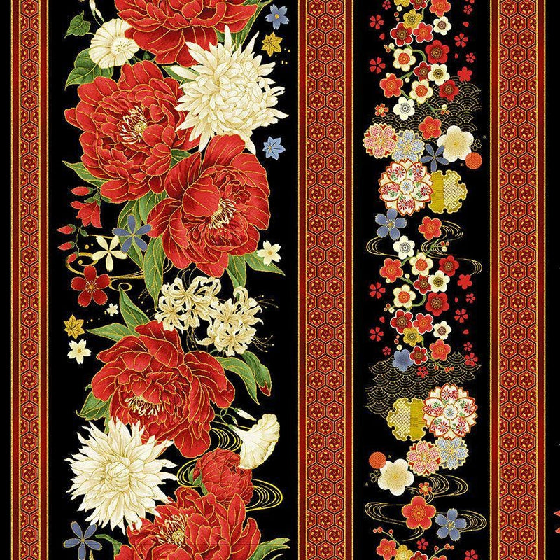 Quilting Cotton Lotus Garden Stripes Black Timeless Treasures