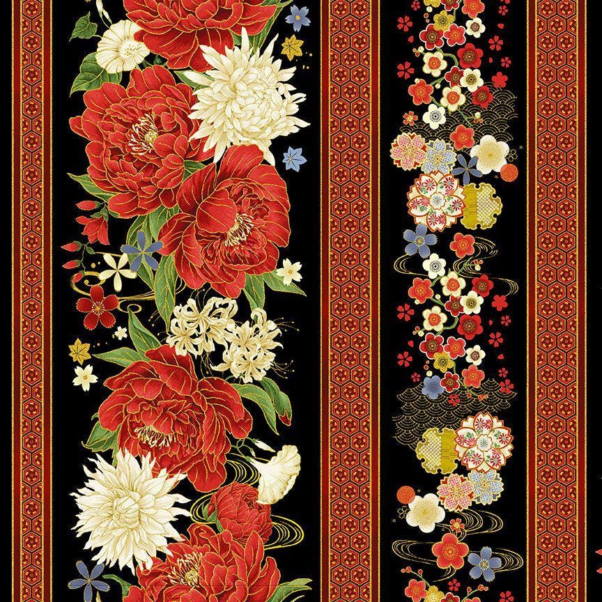 Quilting Cotton Lotus Garden Stripes Black Timeless Treasures