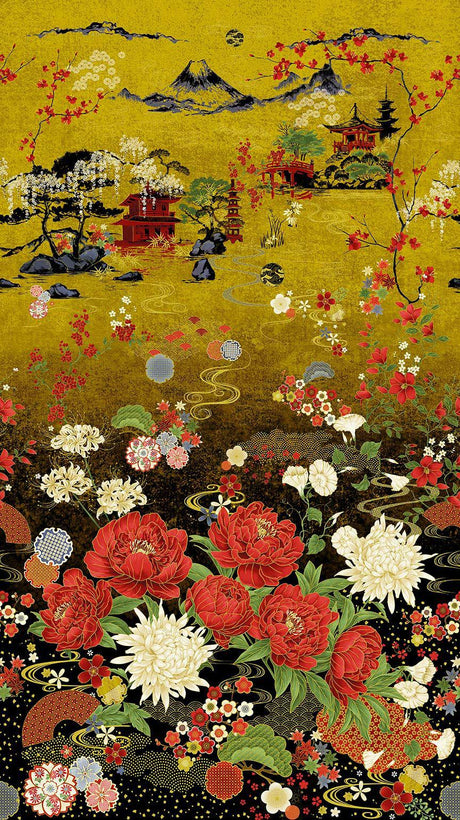 Fabric Panel Lotus Garden Metallic 24" Timeless Treasures