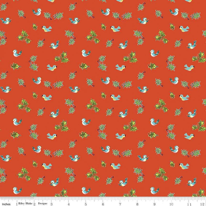 Quilting Cotton Jingle Bells Holly Birds Red Riley Blake