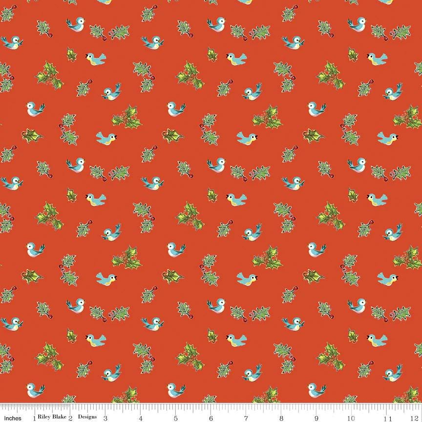 Quilting Cotton Jingle Bells Holly Birds Red Riley Blake