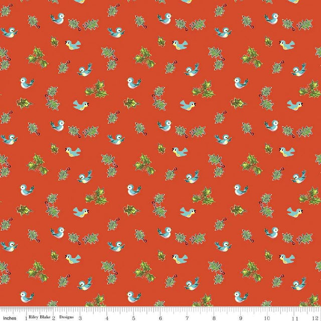 Quilting Cotton Jingle Bells Holly Birds Red Riley Blake