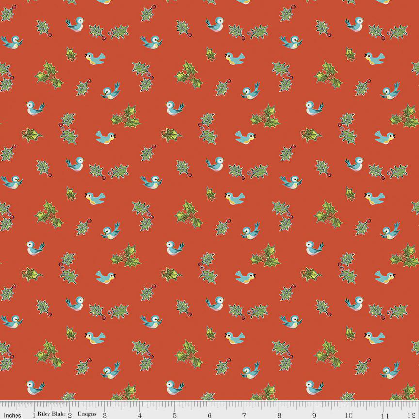 Quilting Cotton Jingle Bells Holly Birds Red Riley Blake