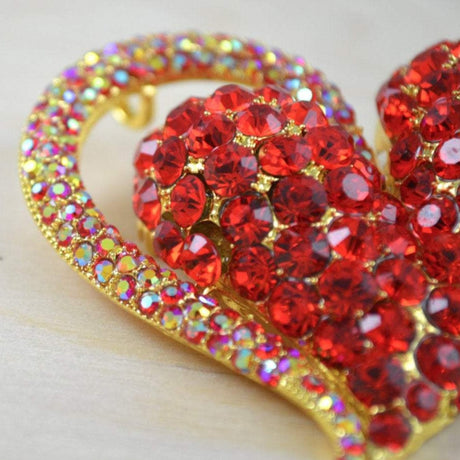 Rhinestone Heart Brooch Red Gold