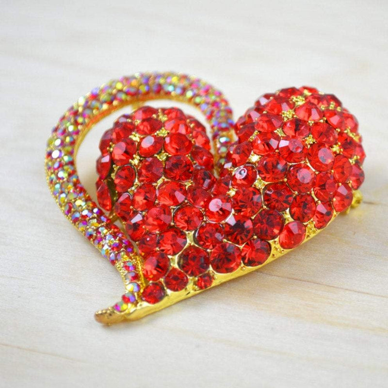 Rhinestone Heart Brooch Red Gold