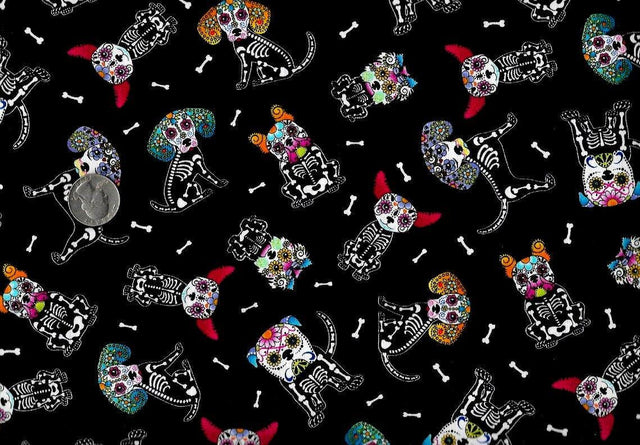 Quilting Cotton Sugar Skull Dogs Halloween 44/45" Wide