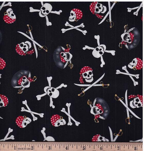 Quilting Cotton Black Pirate Skulls Halloween 100% Cotton