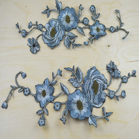 Flower Embroidery Patch Pale Blue Antique Gold
