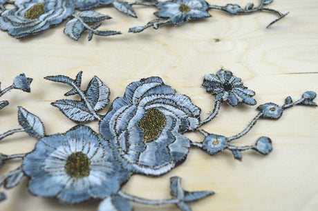 Flower Embroidery Patch Pale Blue Antique Gold
