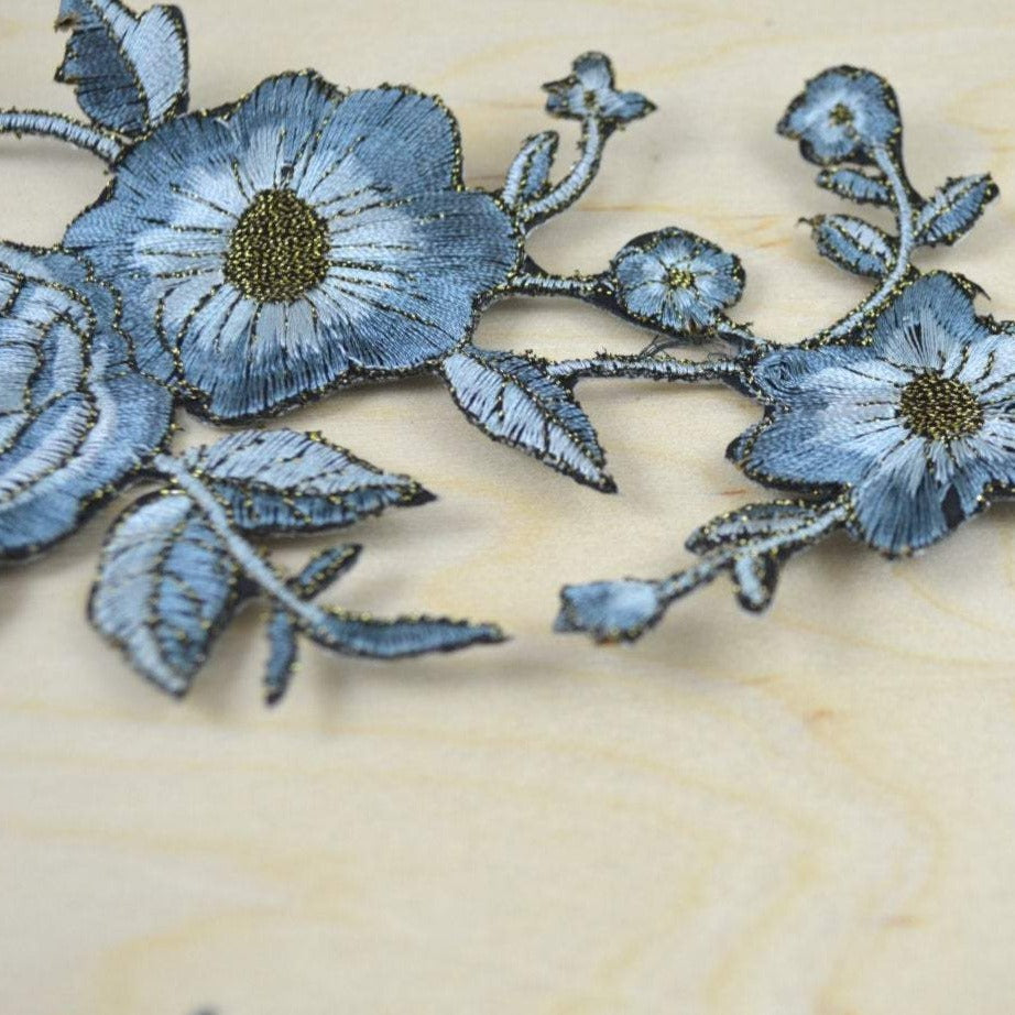 Flower Embroidery Patch Pale Blue Antique Gold