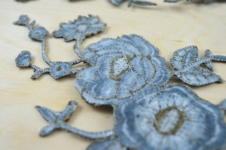 Flower Embroidery Patch Pale Blue Antique Gold
