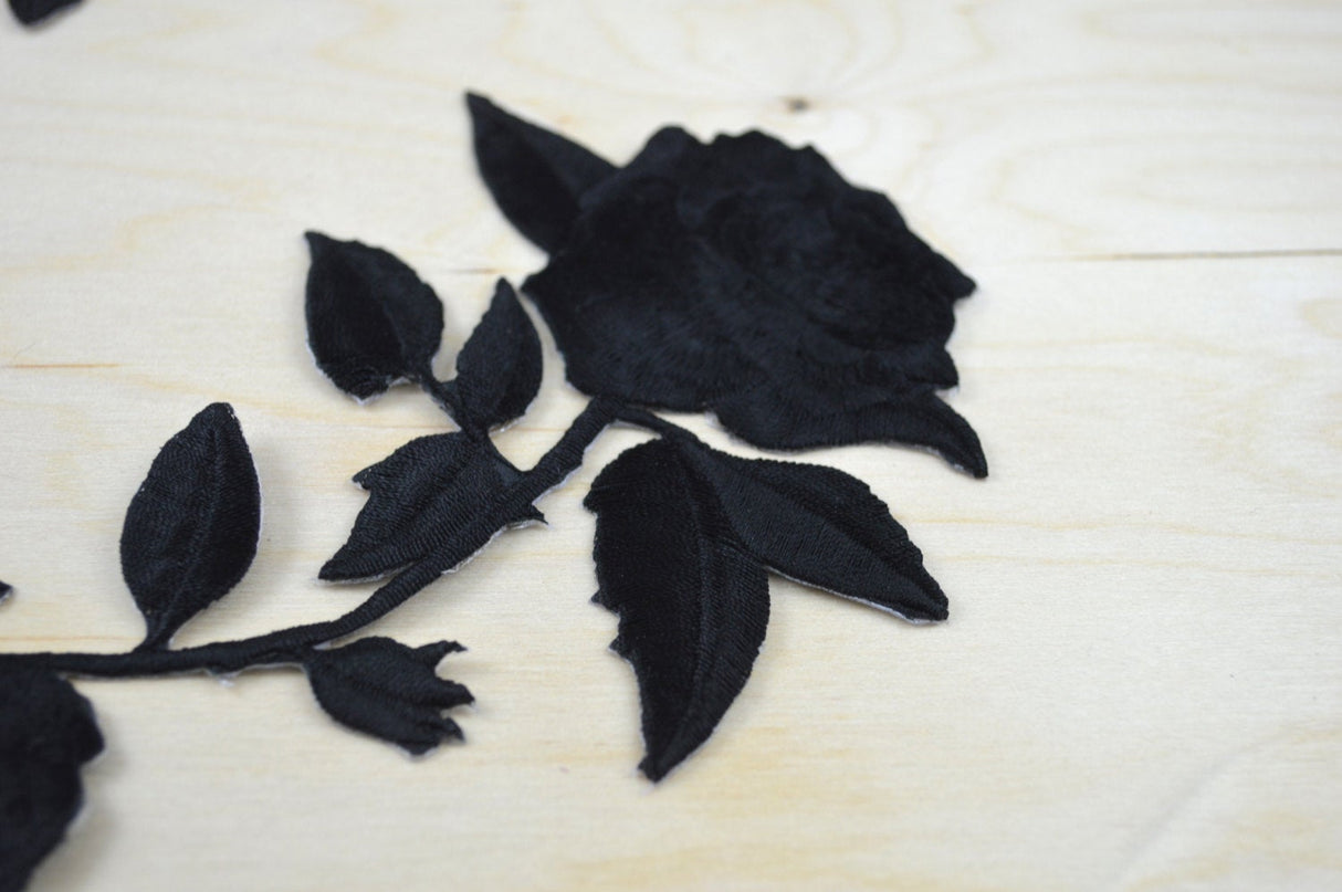 Embroidered Black Rose Patch Pair
