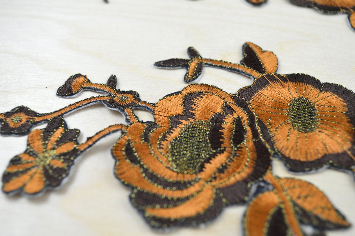 Embroidered Flower Patch Applique Brown Rust