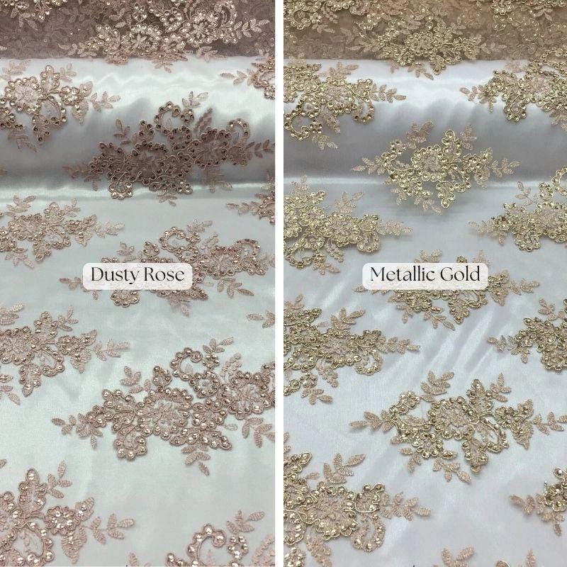 VT-12 Sequin And Beaded Lace Fabric - Multi-Color Floral Embroidery, 52" Width