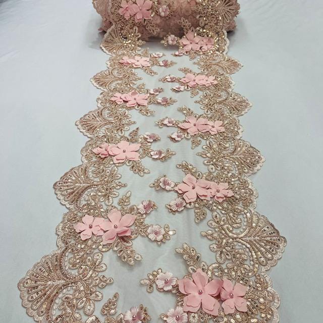 Blush Pink Beaded Lace Fabric - 3D Floral Lace With Pearls And Sequins, 13" Width