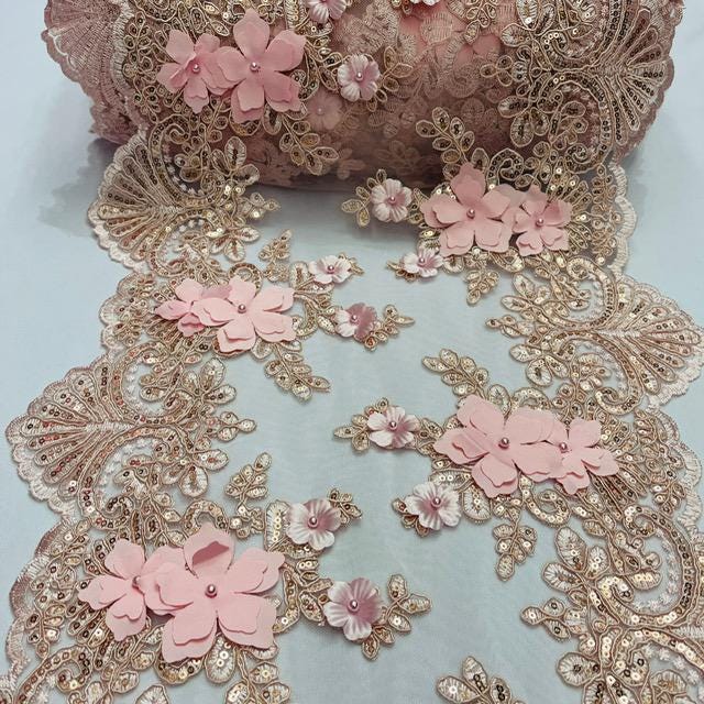 Blush Pink Beaded Lace Fabric - 3D Floral Lace With Pearls And Sequins, 13" Width