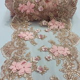 Blush Pink Beaded Lace Fabric - 3D Floral Lace With Pearls And Sequins, 13" Width