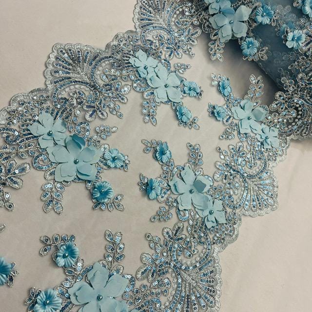 Baby Blue Beaded Lace Fabric - 3D Floral Lace, Pearls, Sequins, 13" Width