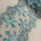 Baby Blue Beaded Lace Fabric - 3D Floral Lace, Pearls, Sequins, 13" Width