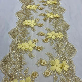 Gold Beaded Lace Table Runner Lace Fabric - Gold 3D Embroidered Lace With Pearls And Sequins, 13" Width